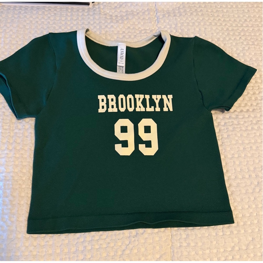 ANWND Brooklyn 99 Graphic Ringer T-Shirt Green Ribbed Crop Top S/M 54965SET